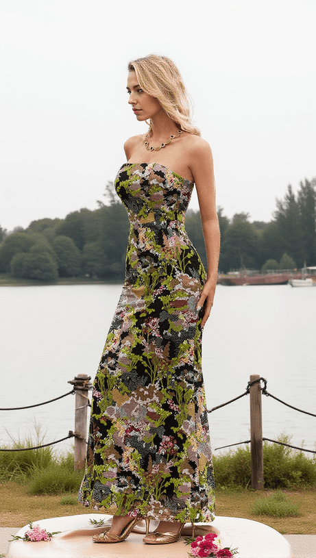 ABITO LUNGO ASA SENZA SPALLINE CON PAILLETTES FLOREALI