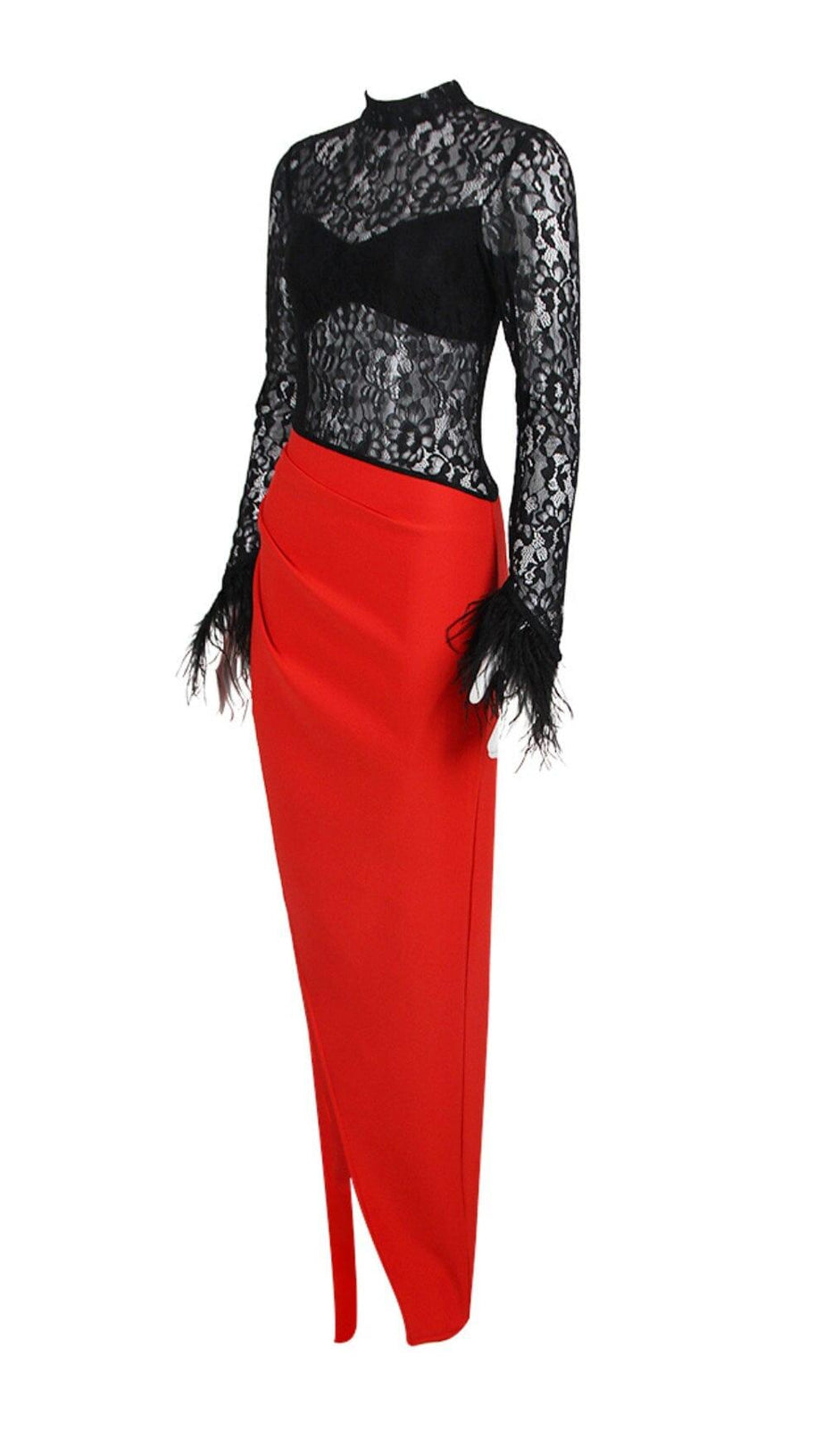 SPLICED LACE FEATHER SLIT DRESS IN BLACK AND RED