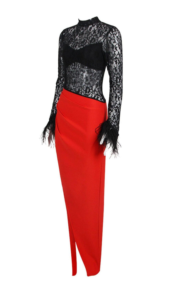 SPLICED LACE FEATHER SLIT DRESS IN BLACK AND RED