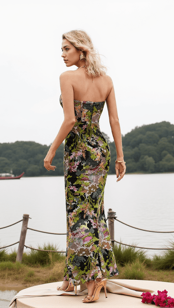 AIIZIE ASA STRAPLESS FLORAL SEQUIN MAXI DRESS - product image