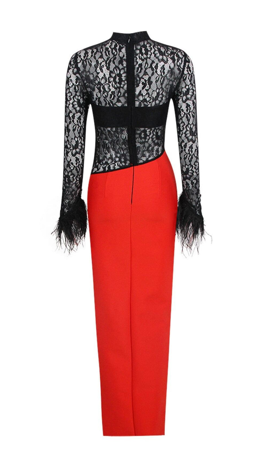 SPLICED LACE FEATHER SLIT DRESS IN BLACK AND RED