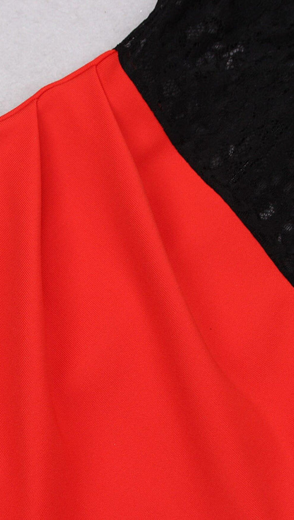AIIZIE SPLICED LACE FEATHER SLIT DRESS IN BLACK AND RED - product image