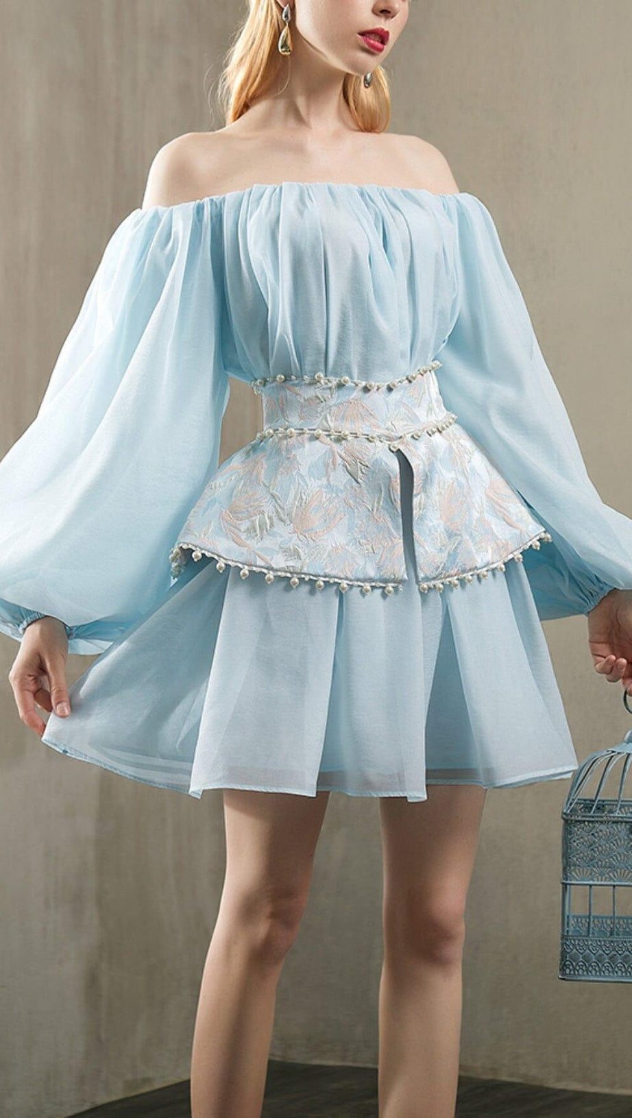 PEARL TRIM LONG SLEEVE MINI DRESS IN BLUE