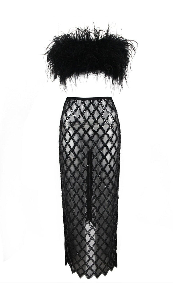 AIIZIE FEATHER SEQUIN TWO PIECE SET IN BLACK - product image