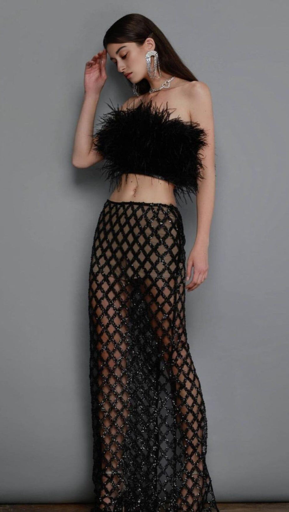 FEATHER SEQUIN TWO PIECE SET IN BLACK