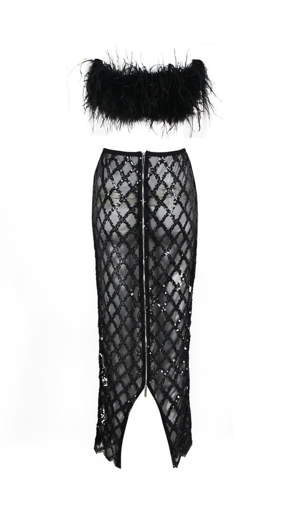 AIIZIE FEATHER SEQUIN TWO PIECE SET IN BLACK - product image