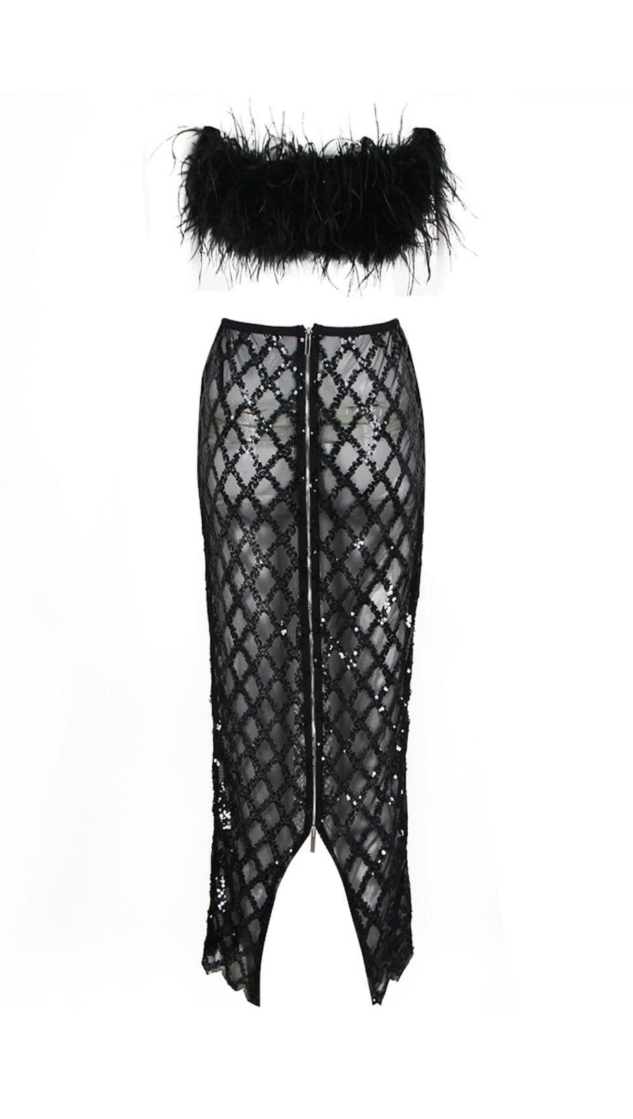 FEATHER SEQUIN TWO PIECE SET IN BLACK
