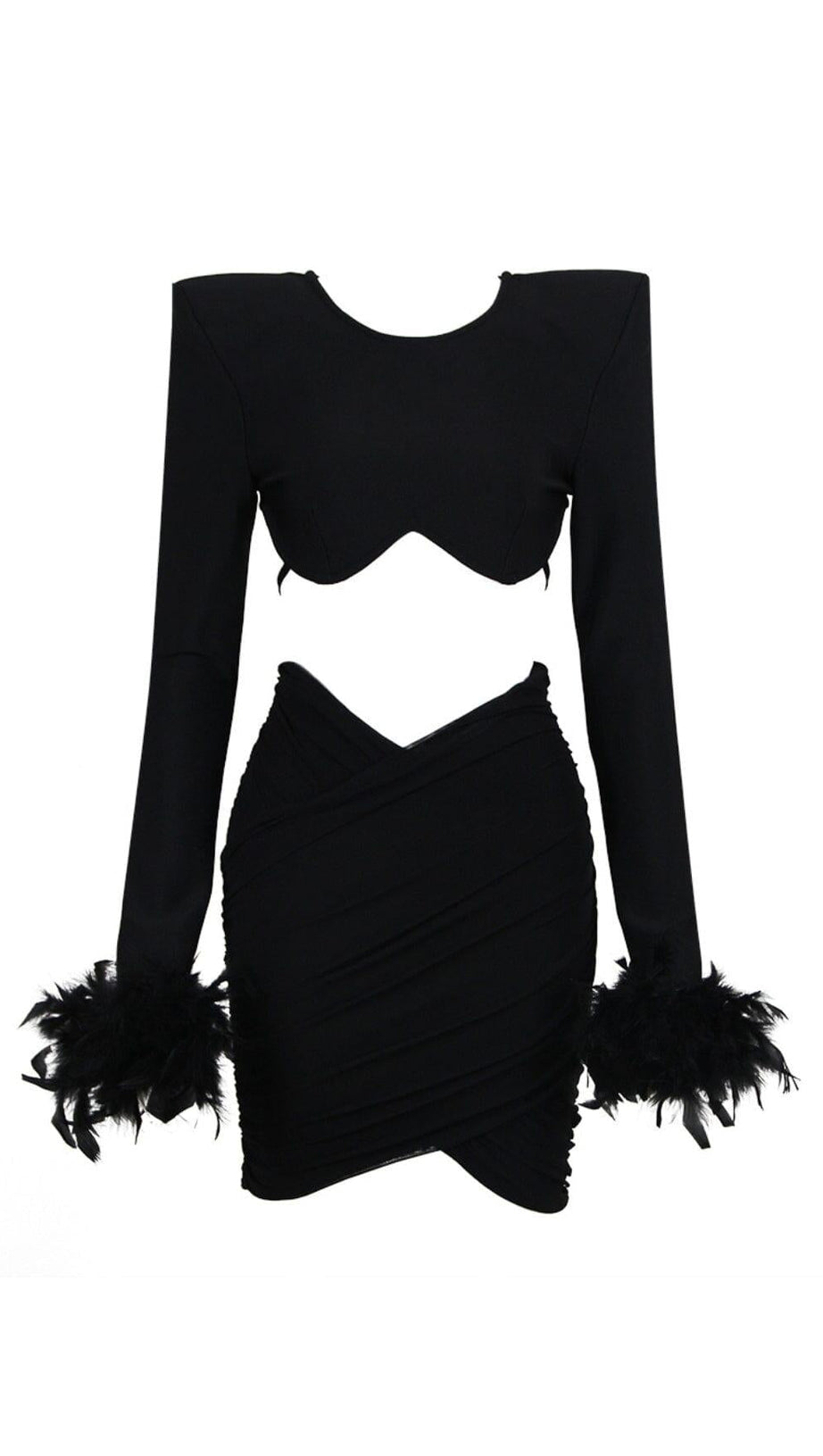 SHOULEDR PAD WAIST BARING FEATHER BLOUSE PLEATED DRESS IN BLACK