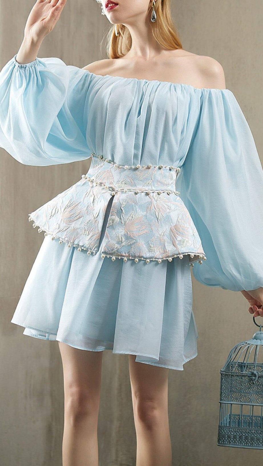 PEARL TRIM LONG SLEEVE MINI DRESS IN BLUE