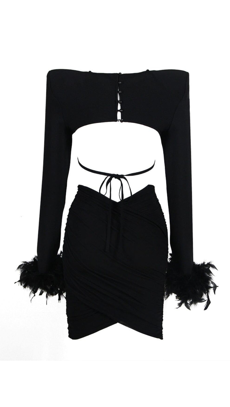SHOULEDR PAD WAIST BARING FEATHER BLOUSE PLEATED DRESS IN BLACK