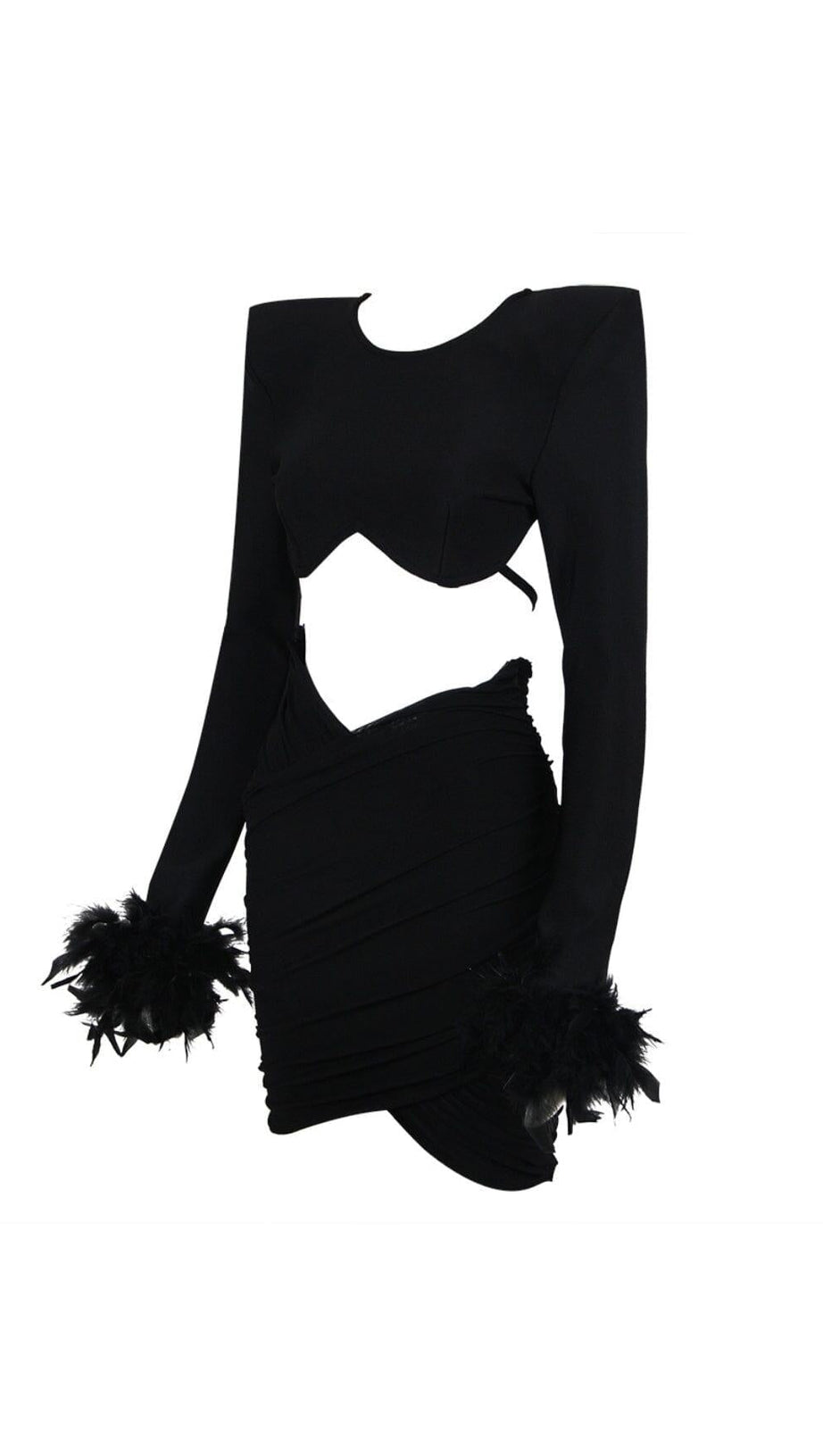 SHOULEDR PAD WAIST BARING FEATHER BLOUSE PLEATED DRESS IN BLACK