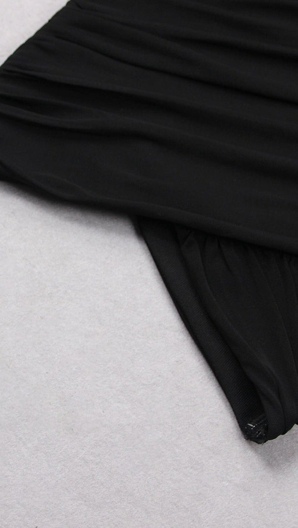 AIIZIE SHOULEDR PAD WAIST BARING FEATHER BLOUSE PLEATED DRESS IN BLACK - product image