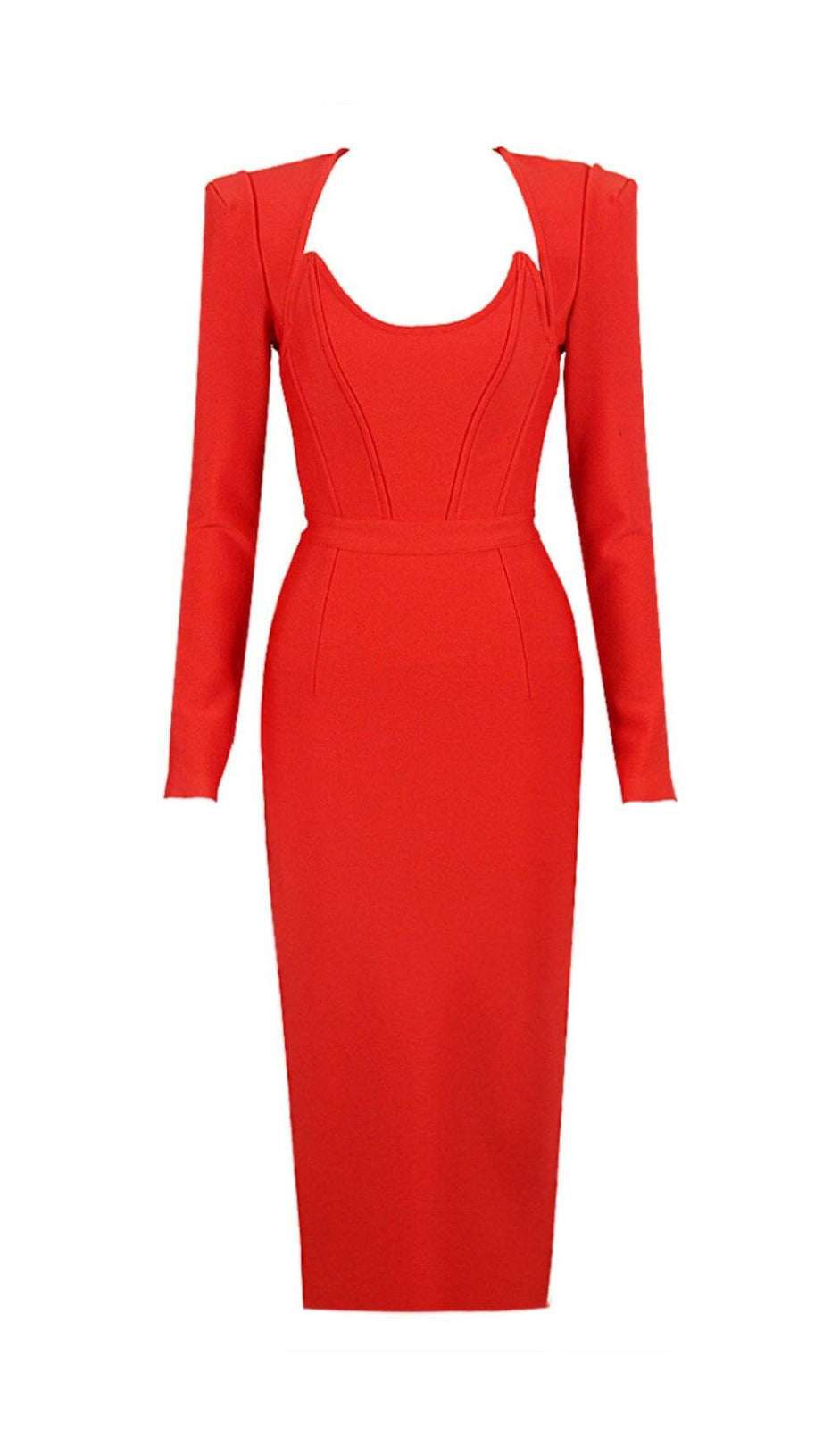 SQUARE SHOULDER CORSET MIDI DRESS IN RED