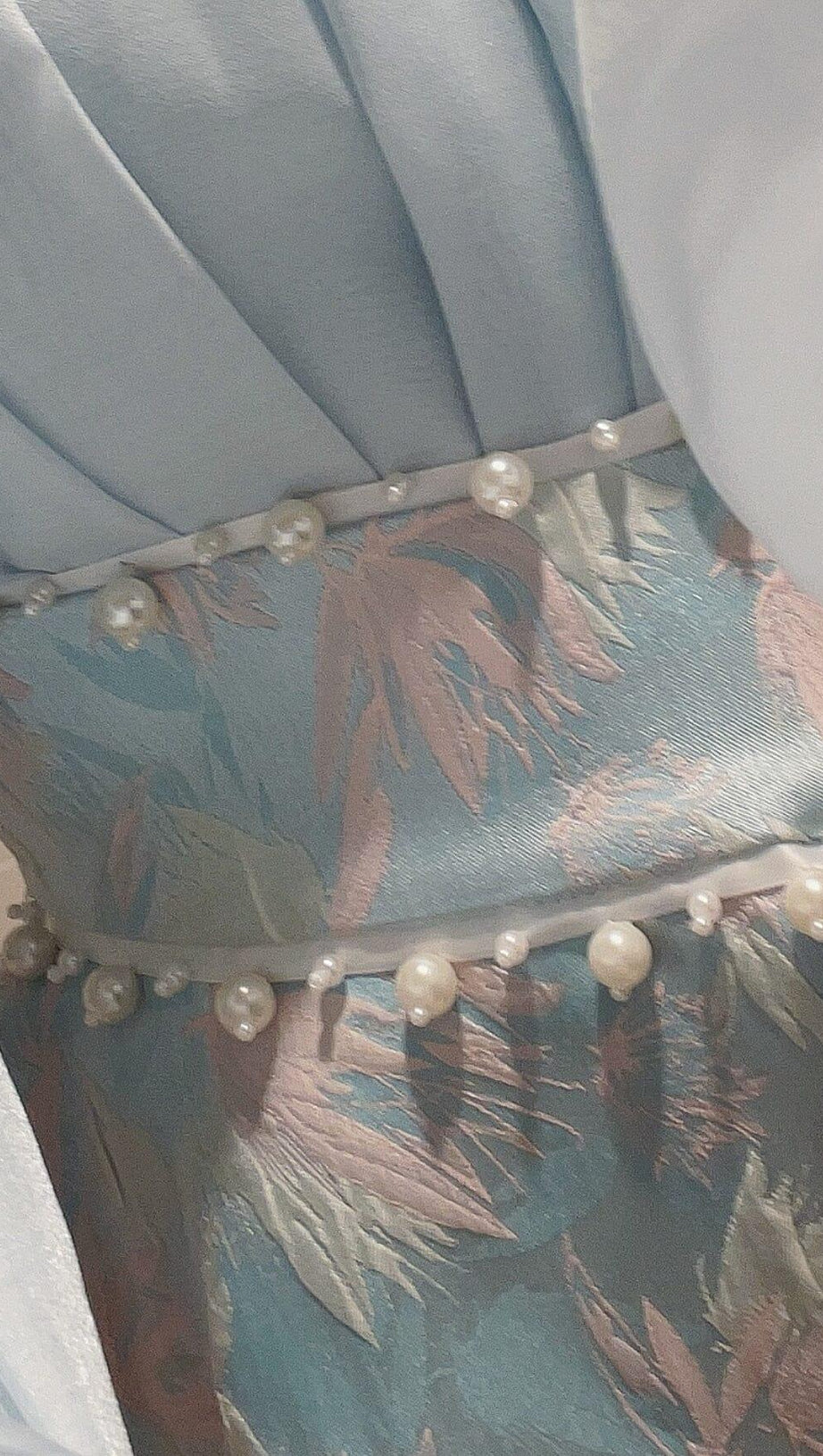 PEARL TRIM LONG SLEEVE MINI DRESS IN BLUE