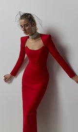 SQUARE SHOULDER CORSET MIDI DRESS IN RED