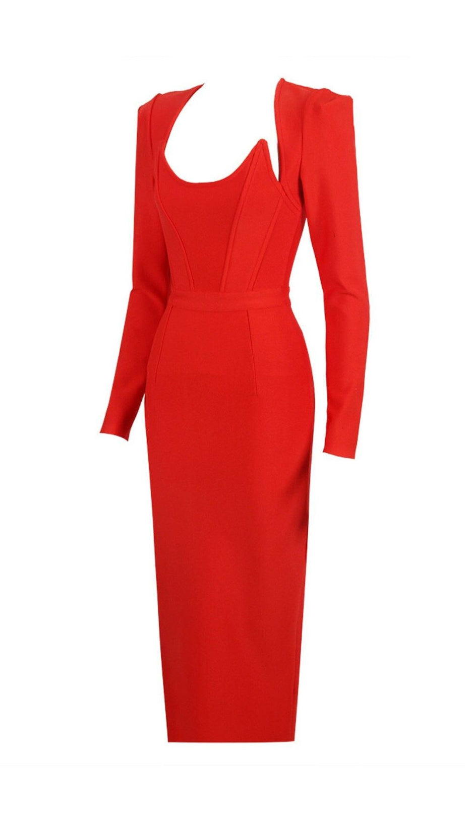 SQUARE SHOULDER CORSET MIDI DRESS IN RED
