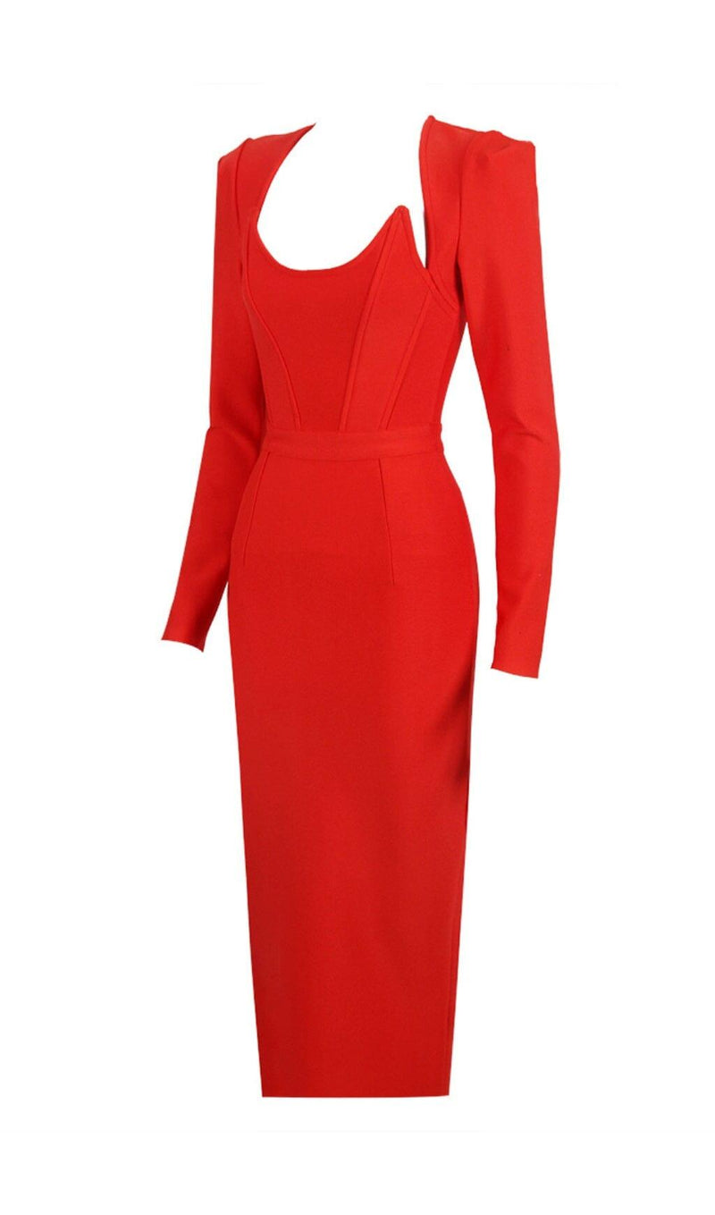 SQUARE SHOULDER CORSET MIDI DRESS IN RED