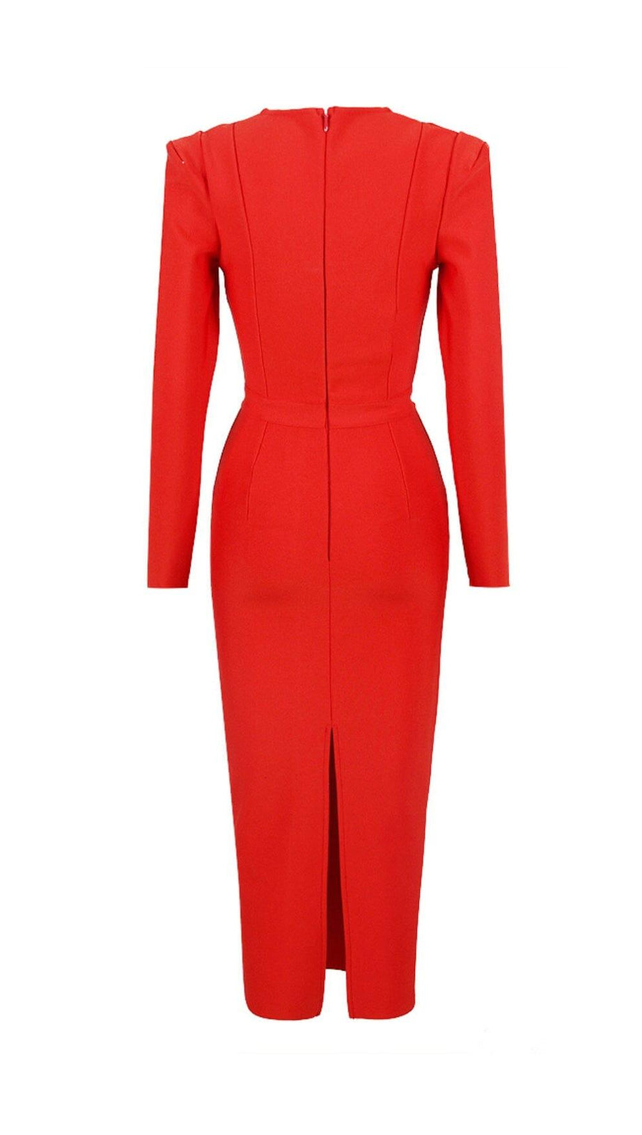 SQUARE SHOULDER CORSET MIDI DRESS IN RED