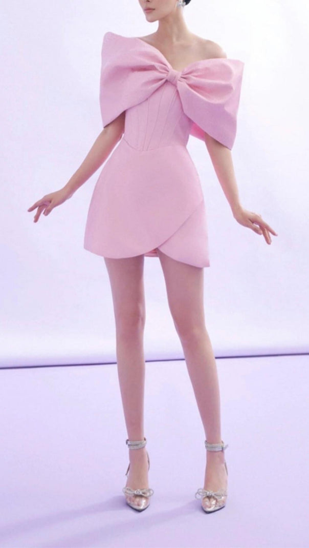 AIIZIE PINK OFF SHOULDER BOWKNOT MINI CORSET DRESS - product image