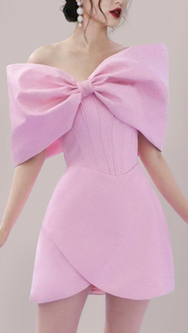 AIIZIE PINK OFF SHOULDER BOWKNOT MINI CORSET DRESS - product image