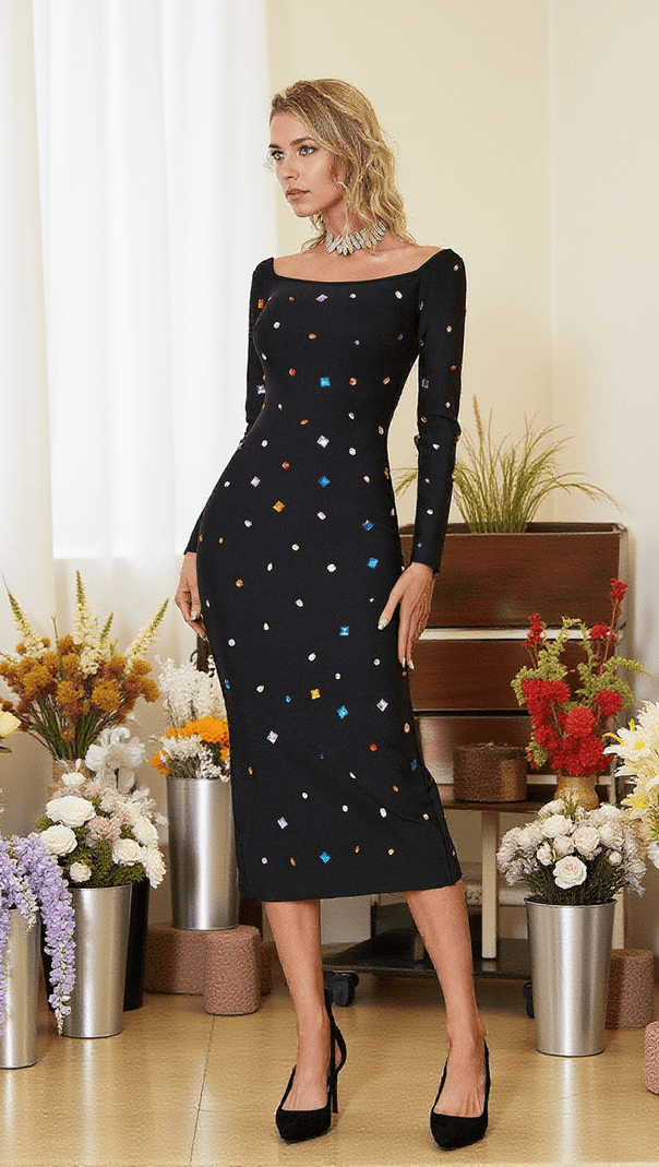 AIIZIE DAY LONG SLEEVE RHINESTONE BANDAGE DRESS - product image