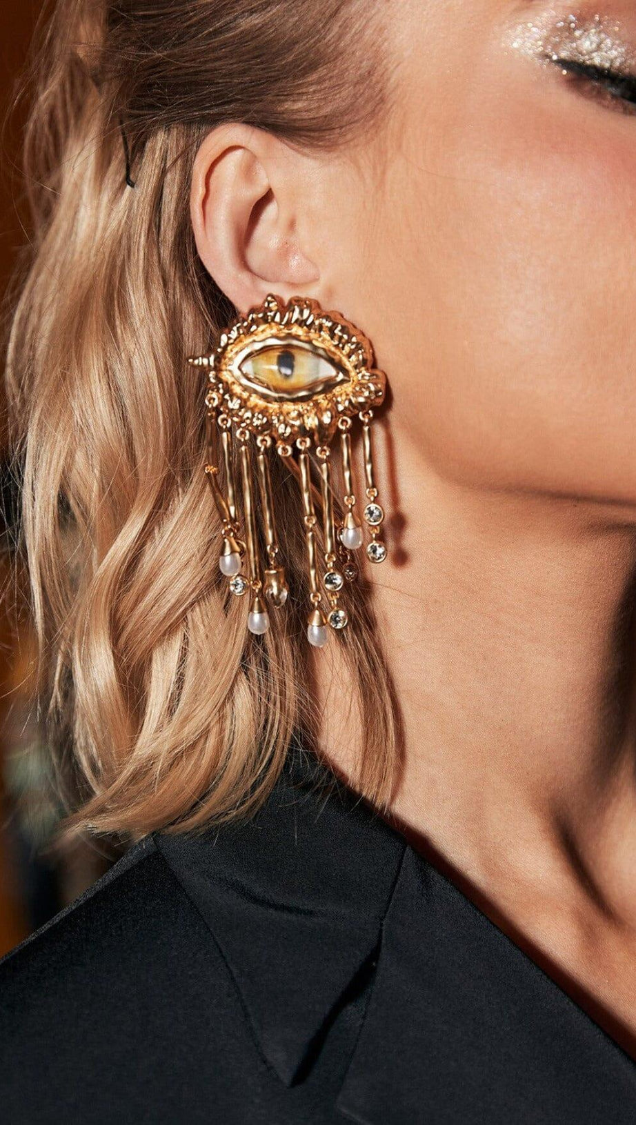 PEARL EMBELLISHED EYE EARRINGS