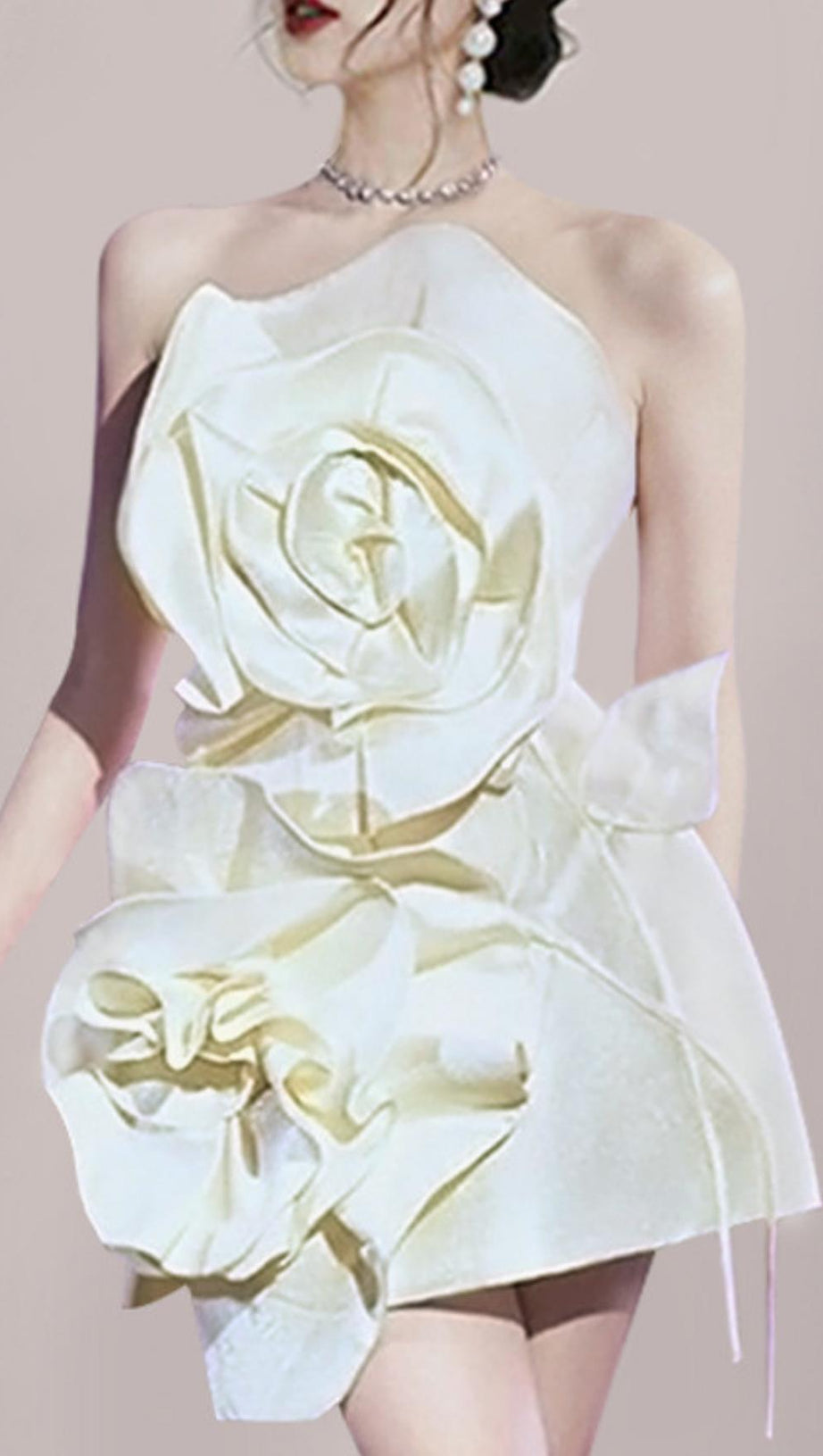 MINI ABITO BEIGE CON FIORI SENZA SPALLINE E CINTURINO