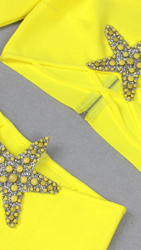 YELLOW BEADED STARFISH DIAMOND LONG SLEEVE HIGH WAISTED SPLIT SKIRT