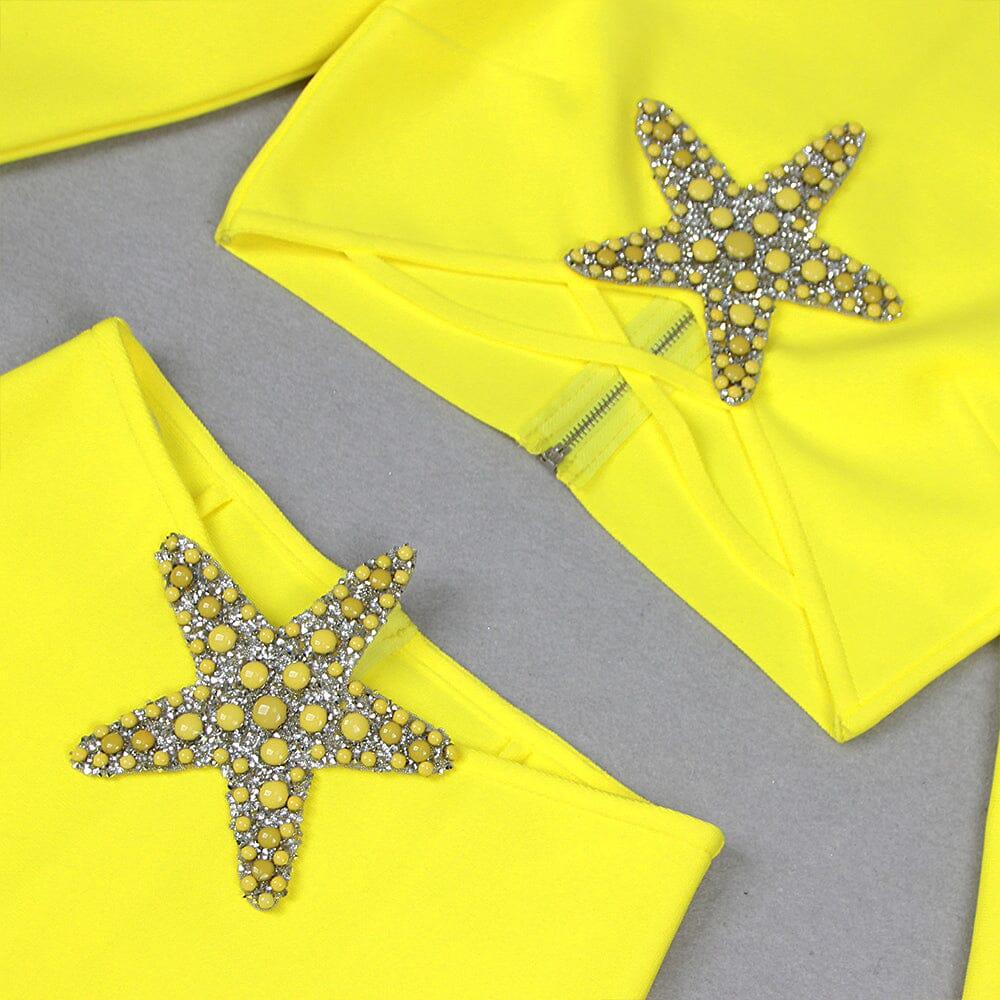 AIIZIE YELLOW BEADED STARFISH DIAMOND LONG SLEEVE HIGH WAISTED SPLIT SKIRT - product image