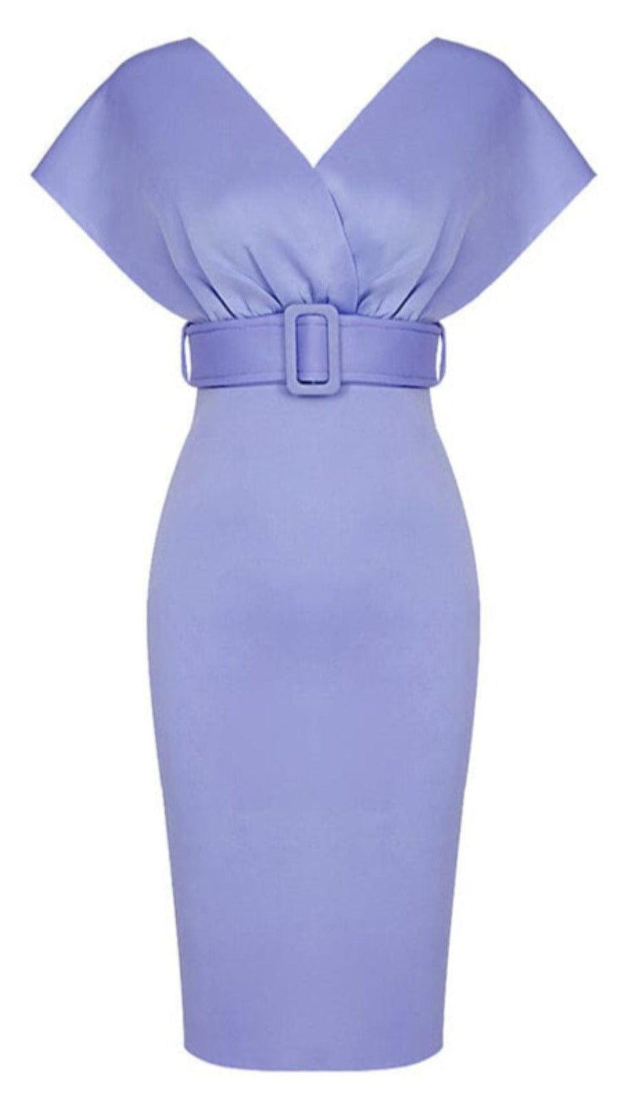 OFF SHOULDER V NECK BODYCON MIDI DRESS IN PURPLE
