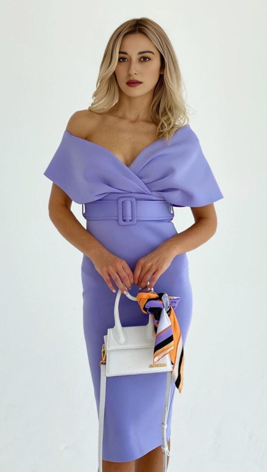 OFF SHOULDER V NECK BODYCON MIDI DRESS IN PURPLE