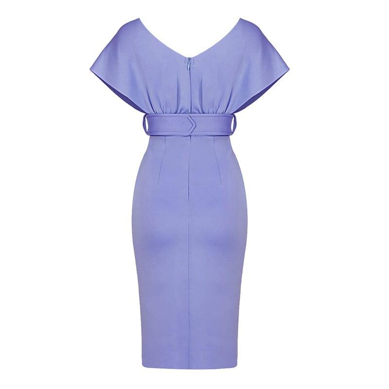 OFF SHOULDER V NECK BODYCON MIDI DRESS IN PURPLE