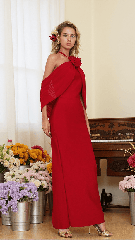 ABITO LUNGO CON FIORI DRAPPEGGIATI MORRIS