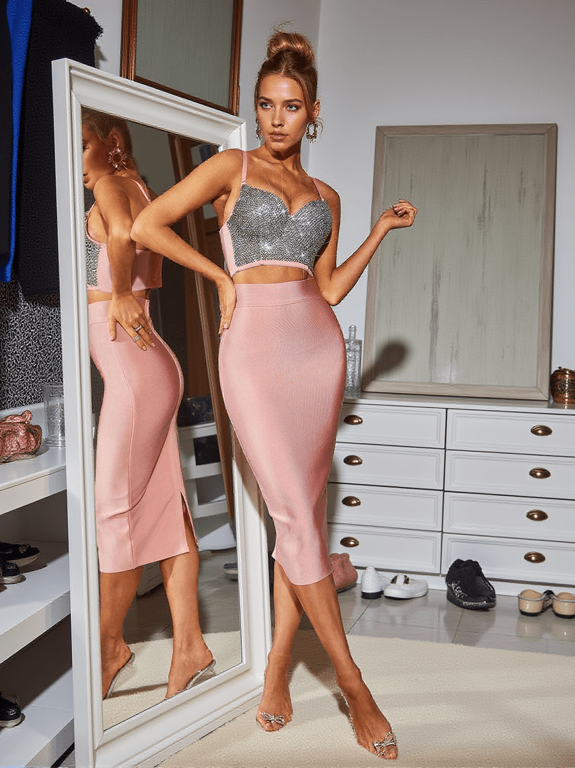 MARIAM BANDAGE PENCIL SKIRT IN PINK