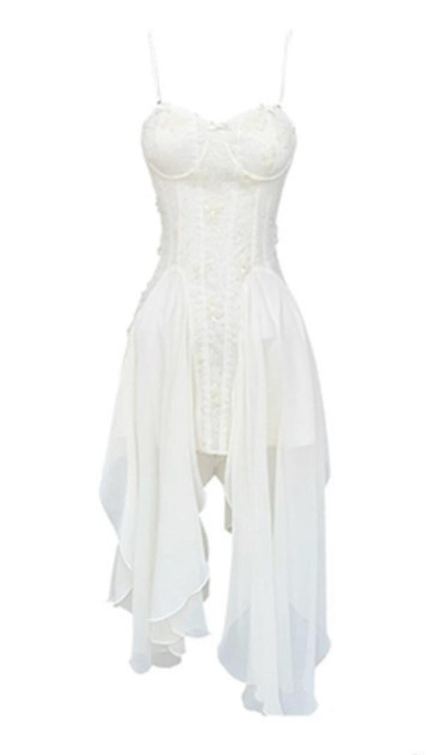 AIIZIE BANDAGE SATIN LACE MIDI DRESS IN WHITE - product image