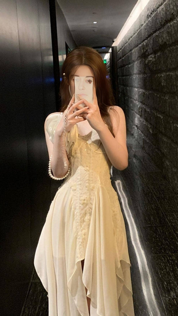 AIIZIE BANDAGE SATIN LACE MIDI DRESS IN WHITE - product image