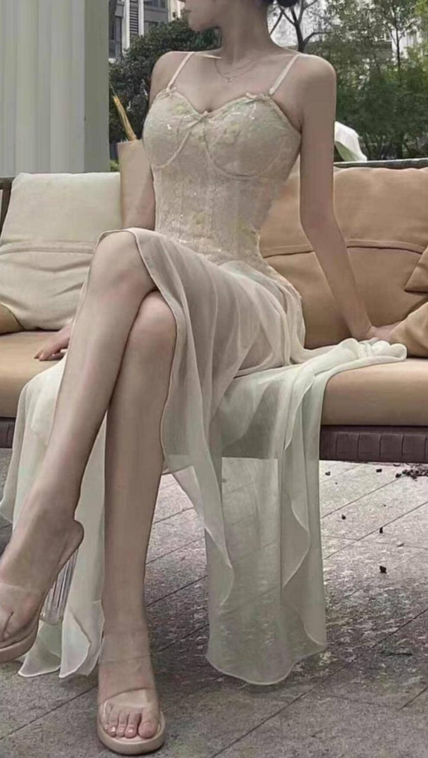 AIIZIE BANDAGE SATIN LACE MIDI DRESS IN WHITE - product image