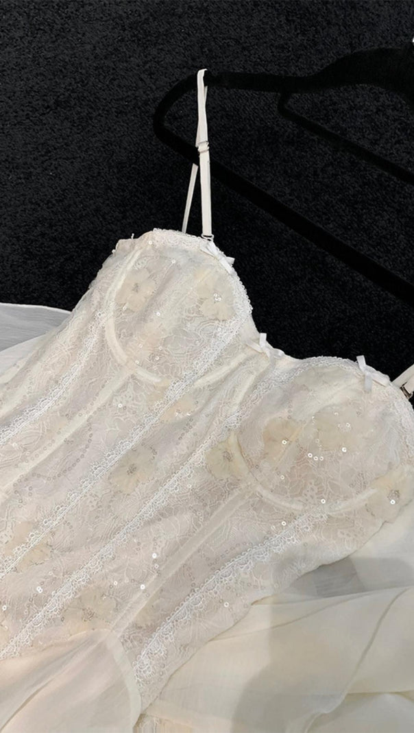 AIIZIE BANDAGE SATIN LACE MIDI DRESS IN WHITE - product image