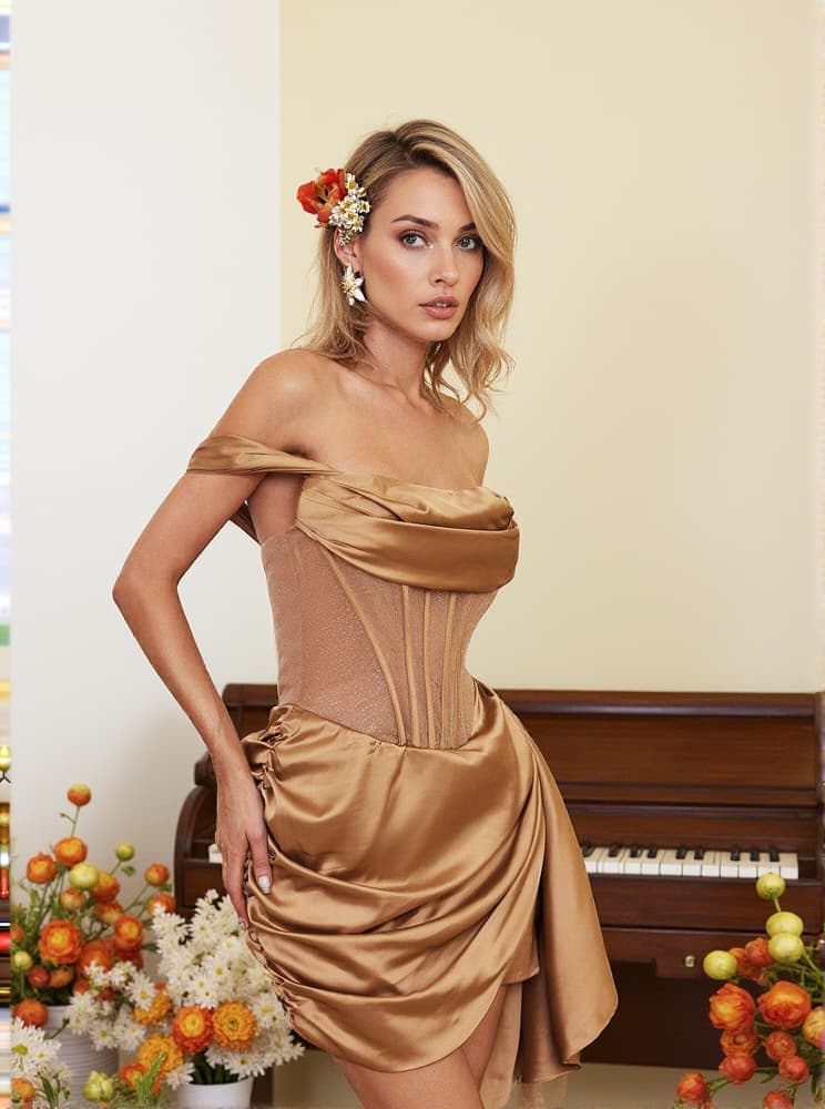 Ajax Off Shoulder Ruched Satin Dress