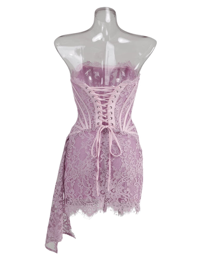 Yolita Strapless Patchwork Lace Dress In Lilac