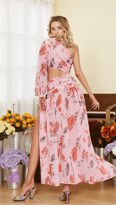 MACK ONE SHOULDER FLORAL CUTOUT MIDI DRESS