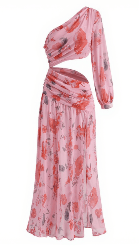 MACK ONE SHOULDER FLORAL CUTOUT MIDI DRESS