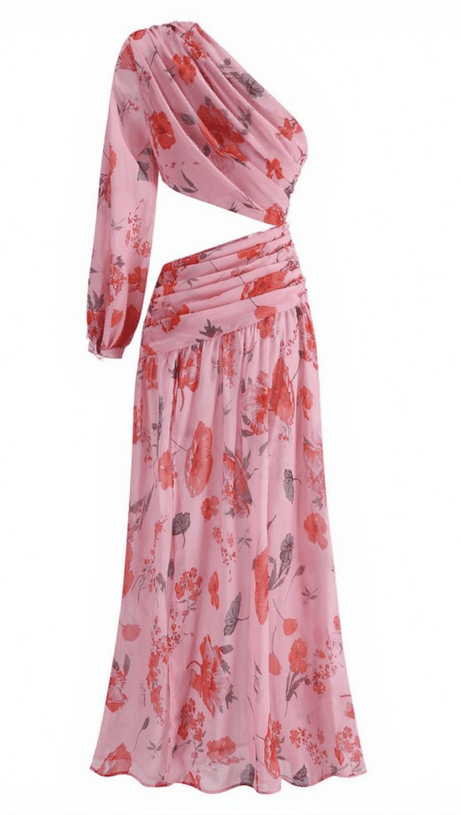 MACK ONE SHOULDER FLORAL CUTOUT MIDI DRESS