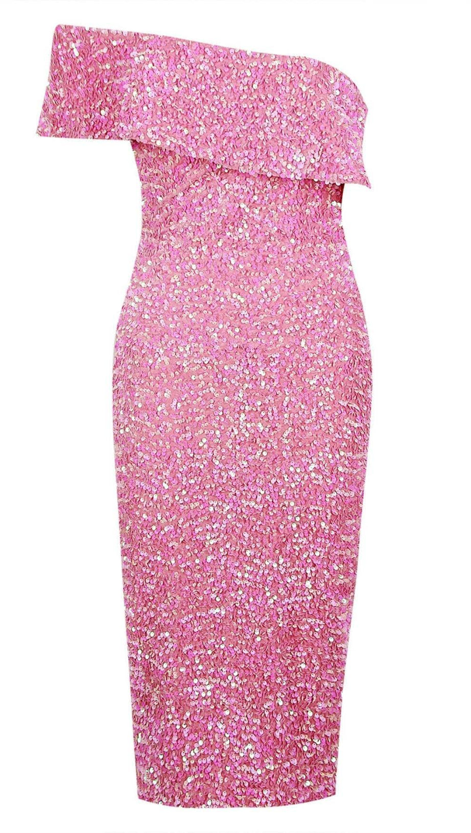 ABITO MIDI SENZA SPALLINE CON PAILLETTES ROSA