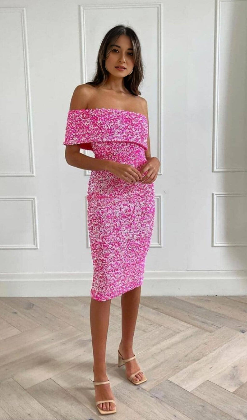 SEQUIN STRAPLESS MIDI DRESS IN PINK