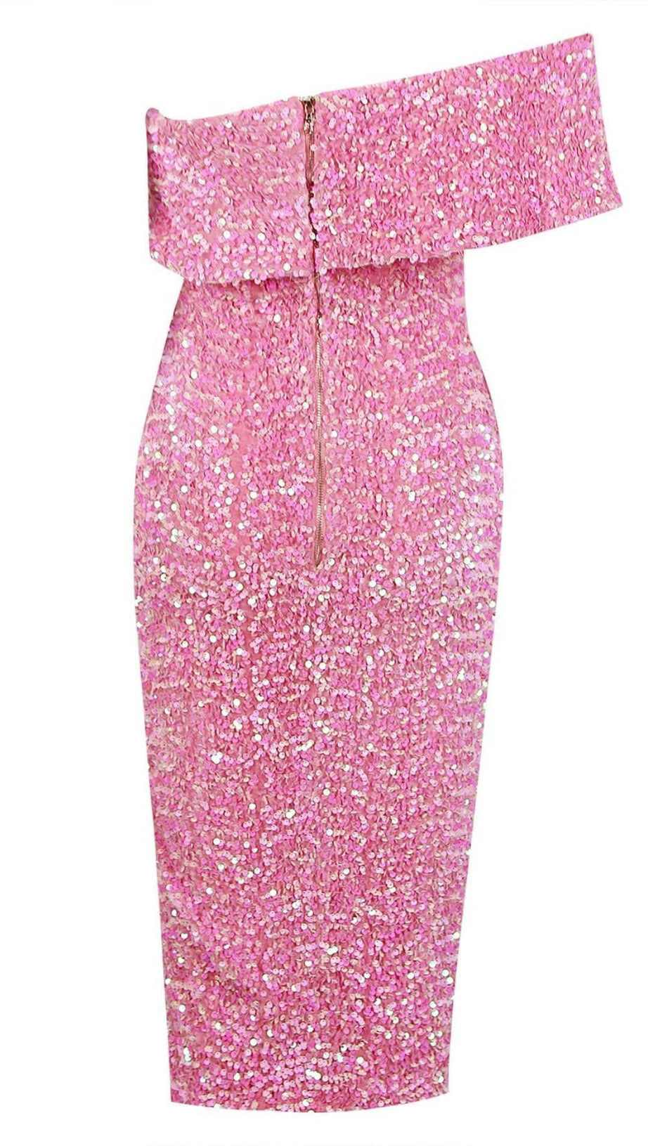 SEQUIN STRAPLESS MIDI DRESS IN PINK