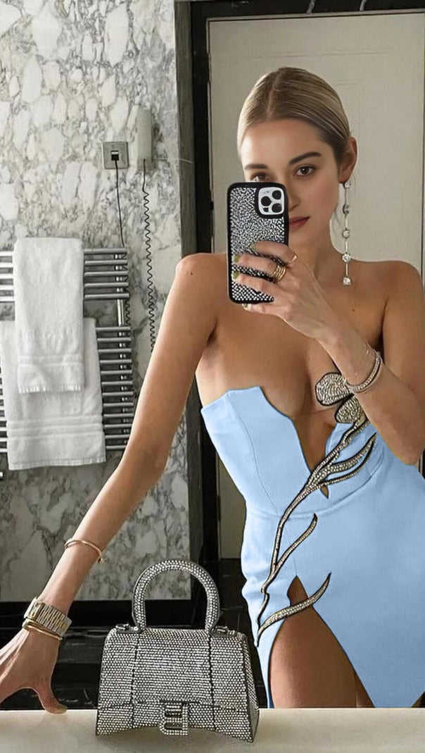 AIIZIE CRYSTAL FLOWER MINI DRESS IN BLUE - product image