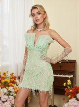 Eos Strapless Rhinestone Fringe Dress With Gloves