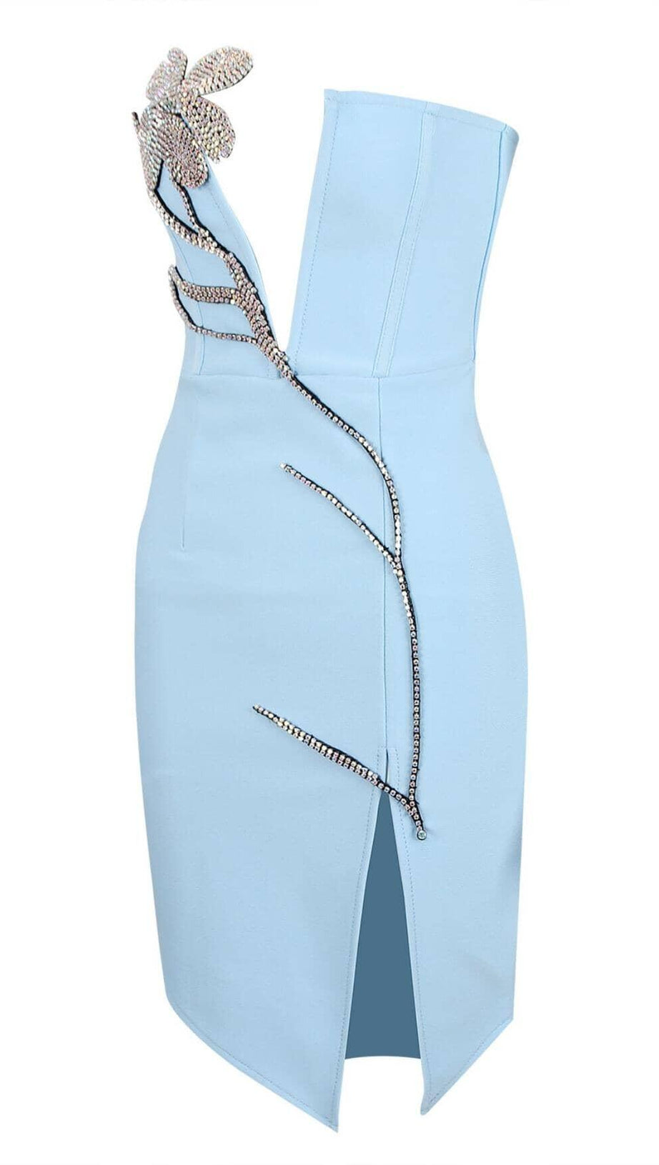 CRYSTAL FLOWER MINI DRESS IN BLUE