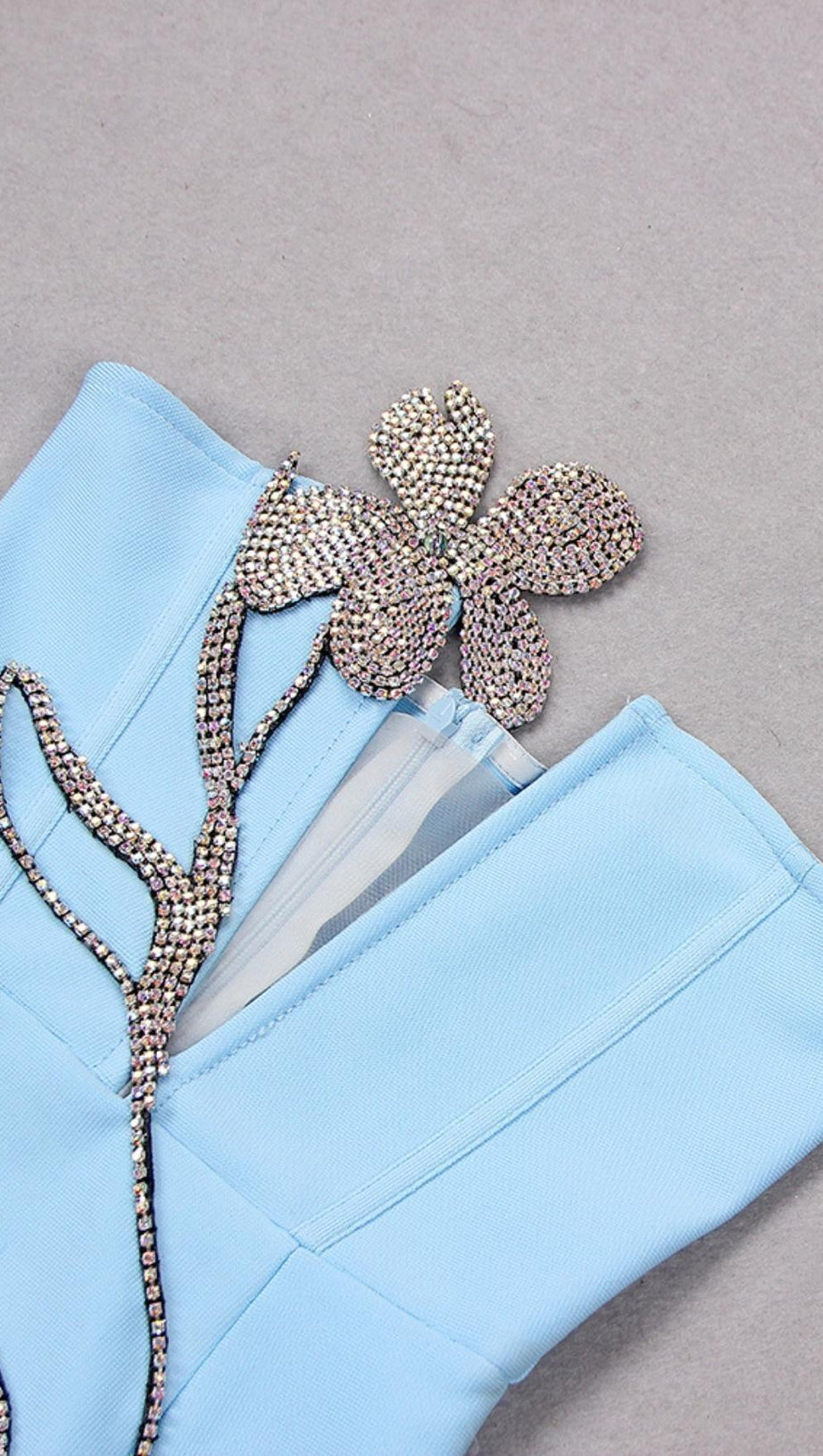 CRYSTAL FLOWER MINI DRESS IN BLUE
